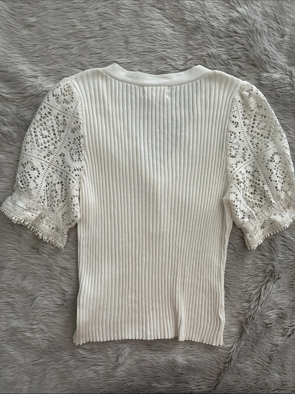 by Anthropologie Ribbed Lace Puff Sleeve Blouse